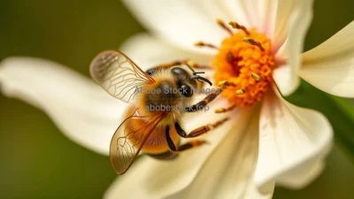 A bee pollinating a flower in extreme close-up macro