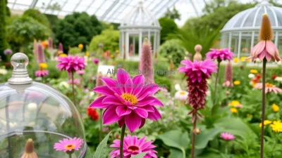 A botanical garden with rare flowers and glass domes