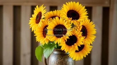 A bouquet of sunflowers in a rustic vase