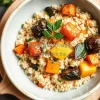 A bowl of couscous with roasted vegetables and herbs