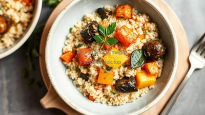 A bowl of couscous with roasted vegetables and herbs