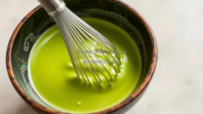 A bowl of matcha being whisked in a traditional bowl