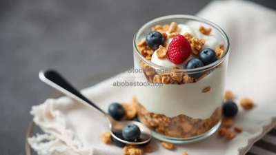 A breakfast parfait with yogurt and granola