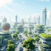 A bustling futuristic eco city with green roofs vertical gardens and electric vehicles concept art