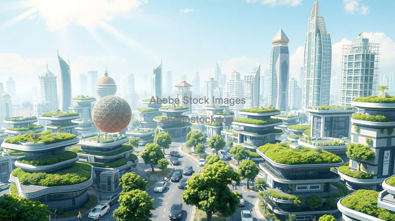 A bustling futuristic eco city with green roofs vertical gardens and electric vehicles concept art