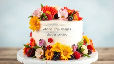 A cake decorated with fresh flowers and fruits