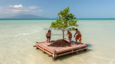 A ceremonial planting of a tree on a floating platform in the ocean hopeful ritual