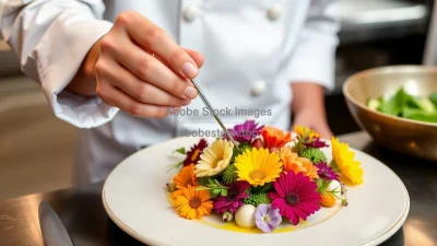 A chef arranging edible flowers on a dish