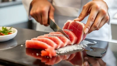 A chef cutting fresh tuna for sashimi