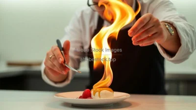 A chef flambéing a dessert with flames