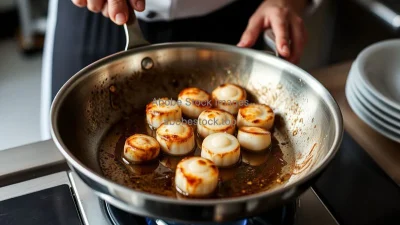 A chef searing scallops in a stainless steel pan