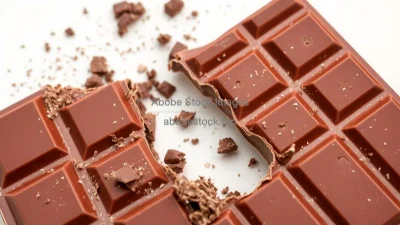 A chocolate bar being broken into pieces
