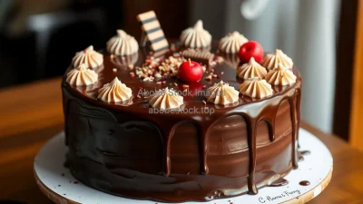 A chocolate cake with glossy ganache and decorations