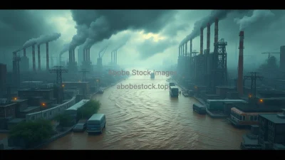 A choked river through a megacity lined with factories and shantytowns dystopian realism
