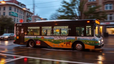 A city bus painted with climate art passing by real flooded streets meta commentary
