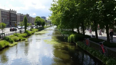 A city canal transformed into a green corridor with trees and bikes post climate adaptation