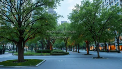 A city park with trees bearing digital tags showing CO2 absorption data augmented reality