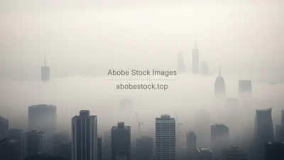A city skyline covered in heavy smog with barely visible skyscrapers moody desaturated