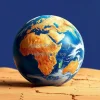 A classroom globe half blue half cracked desert representing Earth conceptual still life