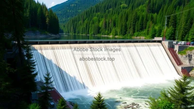 A clean hydroelectric dam surrounded by forests