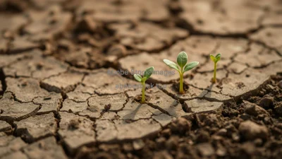 A close up of cracked earth transitioning into healthy soil with seedlings hope concept