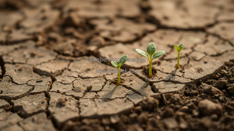 A close up of cracked earth transitioning into healthy soil with seedlings hope concept