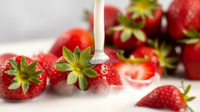 A close-up of a splash of milk hitting fresh strawberries