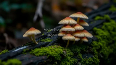 A close-up of mushrooms growing on a fallen log