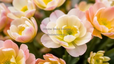 A close-up of pastel-colored ranunculus blooms