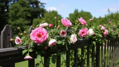 A cluster of wild roses growing on a fence