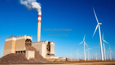 A coal power plant being demolished with wind turbines in the background symbolic transition