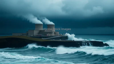 A coastal nuclear plant with storm waves dangerously high dark threatening sky