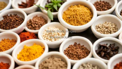 A collection of spices in small ceramic bowls