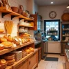 A cozy bakery with warm bread and pastries displayed