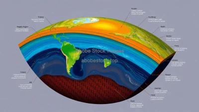 A cross section infographic style image of Earth showing warming layers scientific art