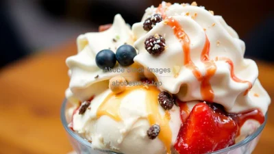 A decadent ice cream sundae with toppings