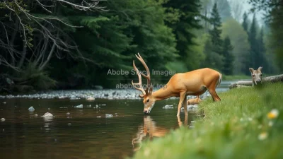 A deer drinking water from a pristine river
