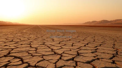 A dried cracked riverbed stretching to the horizon under a hazy orange sky documentary style