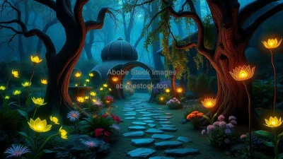 A fantasy enchanted garden with glowing flowers