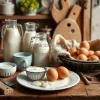 A farm table filled with fresh dairy and eggs