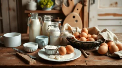A farm table filled with fresh dairy and eggs