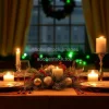 A festive holiday dinner setting with candles