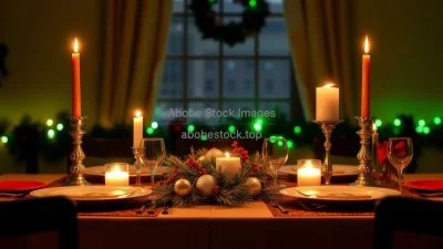 A festive holiday dinner setting with candles