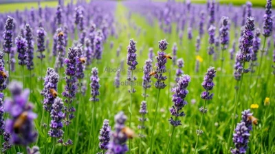 A field of lavender with bees in flight