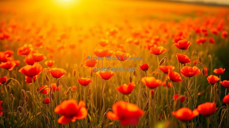 A field of poppies glowing in warm sunlight