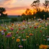 A field of wildflowers blooming at sunrise