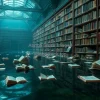 A flooded library with floating books about climate change haunting metaphor