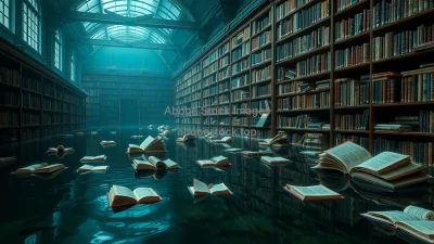A flooded library with floating books about climate change haunting metaphor