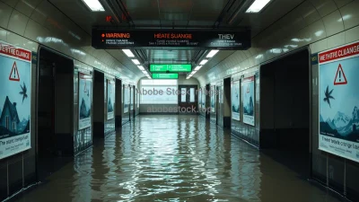 A flooded subway entrance with climate change warning posters on the walls documentary style