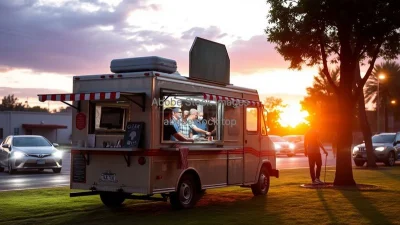 A food truck serving street tacos at sunset
